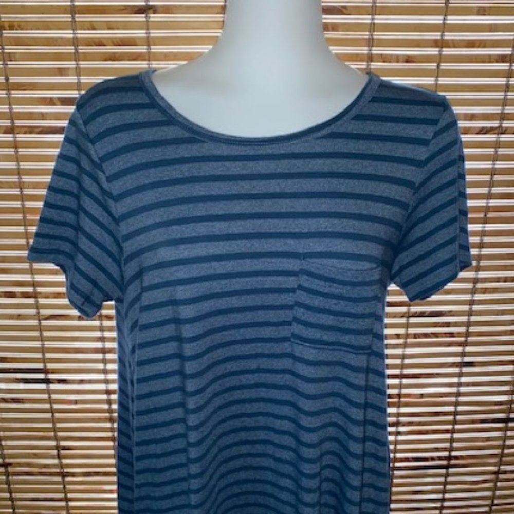 LuLaroe Heathered Blue-Gray & Blue Striped Carly Swing Dress - Picture 4 of 15